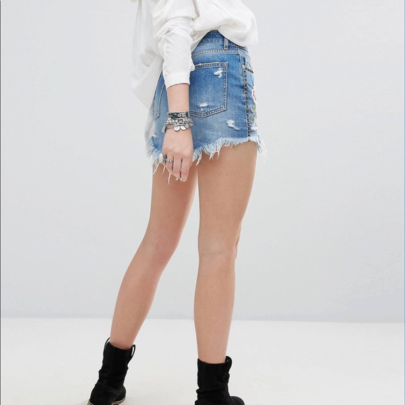 FREE PEOPLE Wild Rose Embroidered Denim Stud Skirt - Picture 8 of 12
